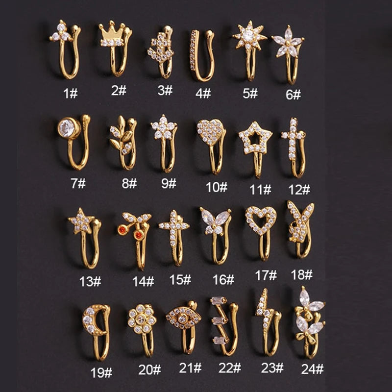 Fake Piercing Clip Nose Ring Cuff Body Jewelry for Women New Trend 1PCS Ear Cuffs Heart Star Flowers Butterfly Clip Rings KAE197