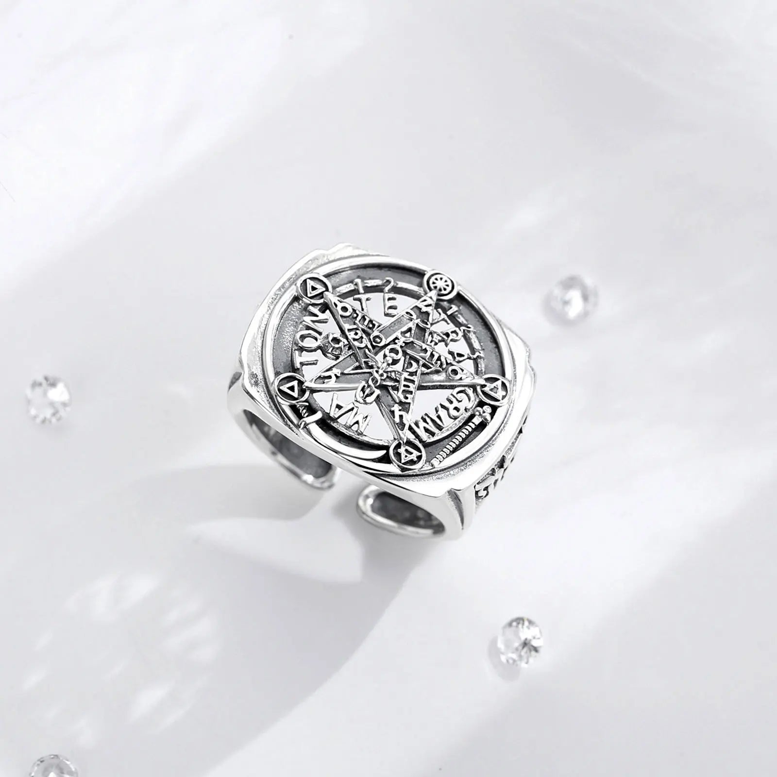 Eudora 925 Sterling Silver Pentagram Adjustable Ring Amulet Guardian Star Tetragrammaton Ring Hip Hop Jewelry Gift for Men Women