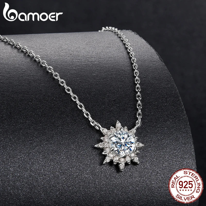 BAMOER 0.5CT Sun Moissanite Necklace 925 Sterling Silver Halo Pendant Necklace with Link Chain for Women Sparkling Jewellry Gift