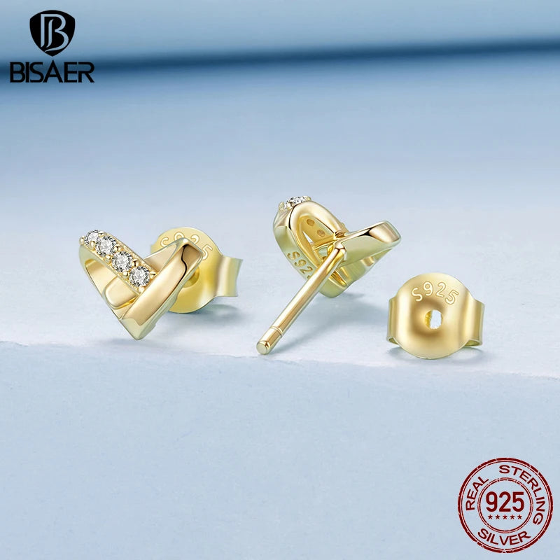 BISAER Heart Gold 18K Stud Earring,925 Sterling Silver Hypoallergenic Dainty Lightweight Studs Ear For Woman Party Fine Jewelry