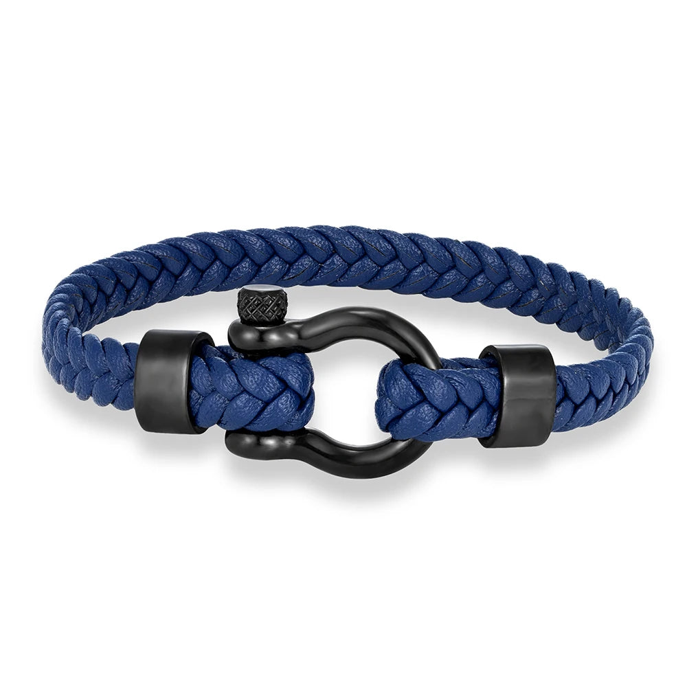 MKENDN Personalised Men's Nautical Shackle & Woven Black Leather Bracelet Gifts For Him Men's Jewellery