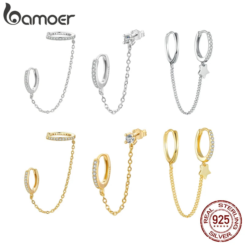 BAMOER 925 Sterling Silver 1 PCS Double Circle Hoop Earrings Long Chain Earrings for Women Statement Jewelry Elegant Earrings