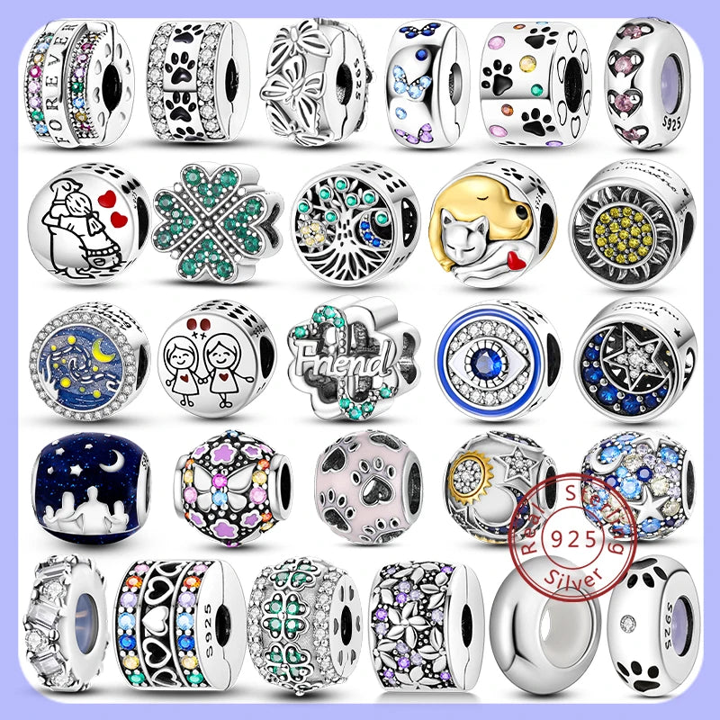 Breloque en argent sterling 925 avec clip et chaîne de sécurité, perles rondes en pavé de zircones cubiques adaptées aux bracelets originaux, fabrication de bijoux