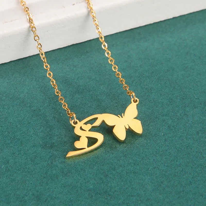 New Fashion 26 Initials Letter Pendant Butterfly Necklace for Women Elegant Stainless Steel Gold Color Necklace Jewelry Gift