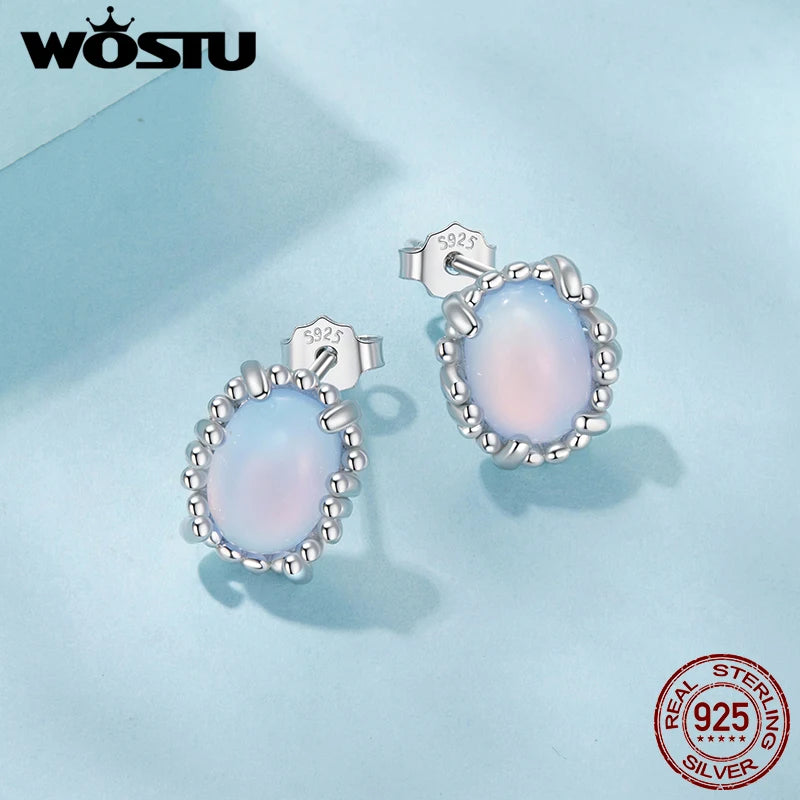 WOSTU 925 Sterling Silver Oval Cut Opalescent Stud Earrings For Women Rainbow Cyrstal Ear STuds Loverly Jewelry Gift CQE1911