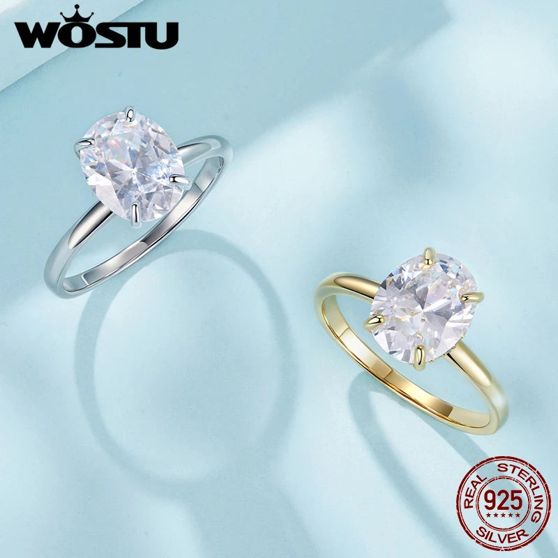 WOSTU Real 925 Sterling Silver 3.5ct Oval Engagement Rings for Women , Cubic Zirconia 18K Gold Promise Wedding Rings for Lover