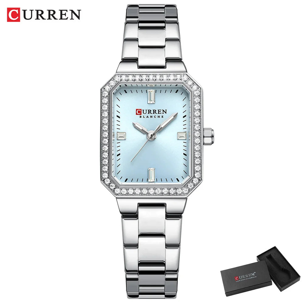 CURREN Luxurious Elegant Women's Watches Classic Rectangular Dial with Rhinestones Luminous Hands Waterproof