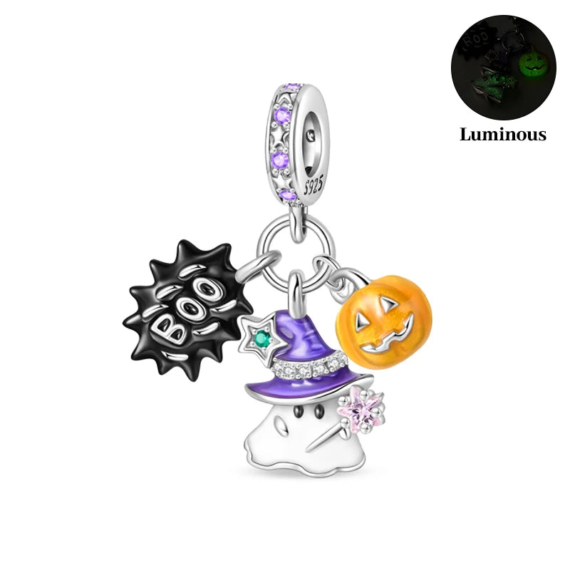 2024 New 925 Sterling Luminous Halloween Skull Witch Pumpkin Candy Charms Beads Fit 3mm Original Bracelets DIY Party Jewelry