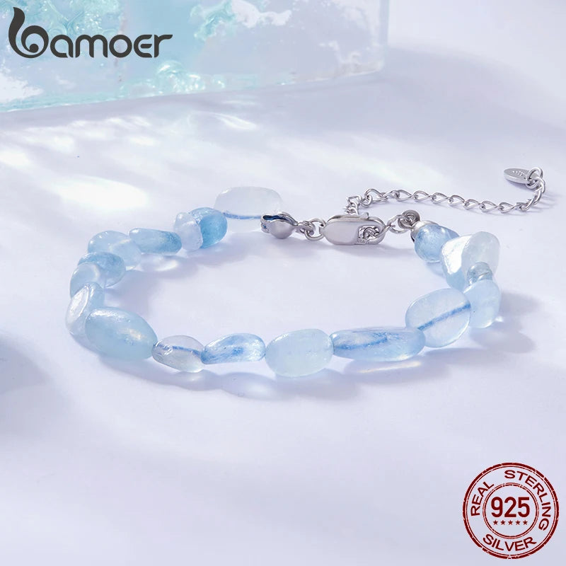 BAMOER 925 Sterling Silver Blue Crystal Bracelet Handmade Gem Beads Adjustable Dainty Wrist Chain Girls Sweet Gift Fine Jewelry