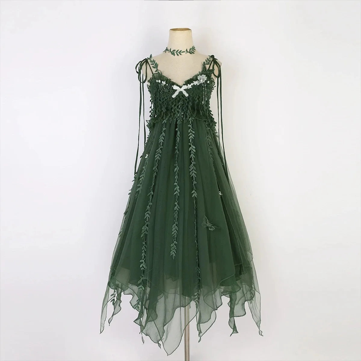 Mori Girl Sweet Lolita Princess Dress Women Sweet Green Butterfly Embroidery Cane Vine Design Party Midi Dresses Elegant Vestido