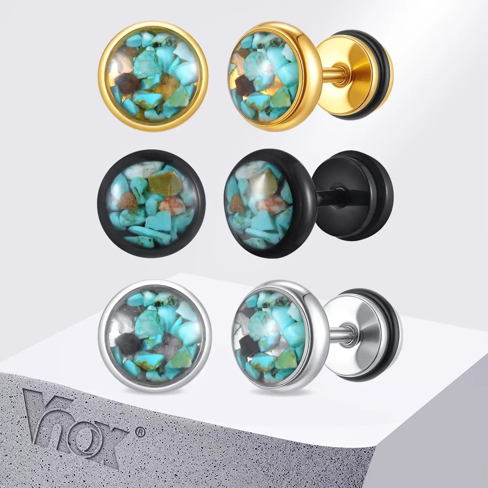 Vnox Irregular Turquoise Stones Stud Earrings for Women Men, Clear Enamel Round Small Earrings,Stainless Steel Ear Jewelry