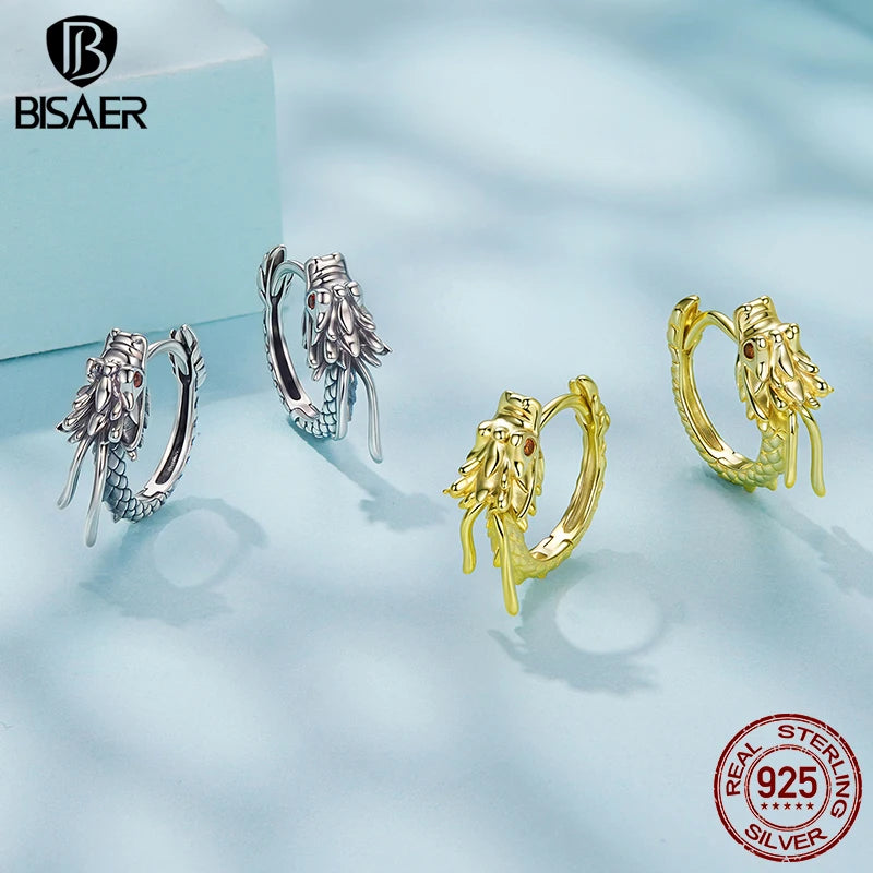 BISAER Solid 925 Sterling Silver Dragon Ear Buckles Vintage Lucky Animal Earrings Plated Gold for Women Men Fine Jewelry Gift
