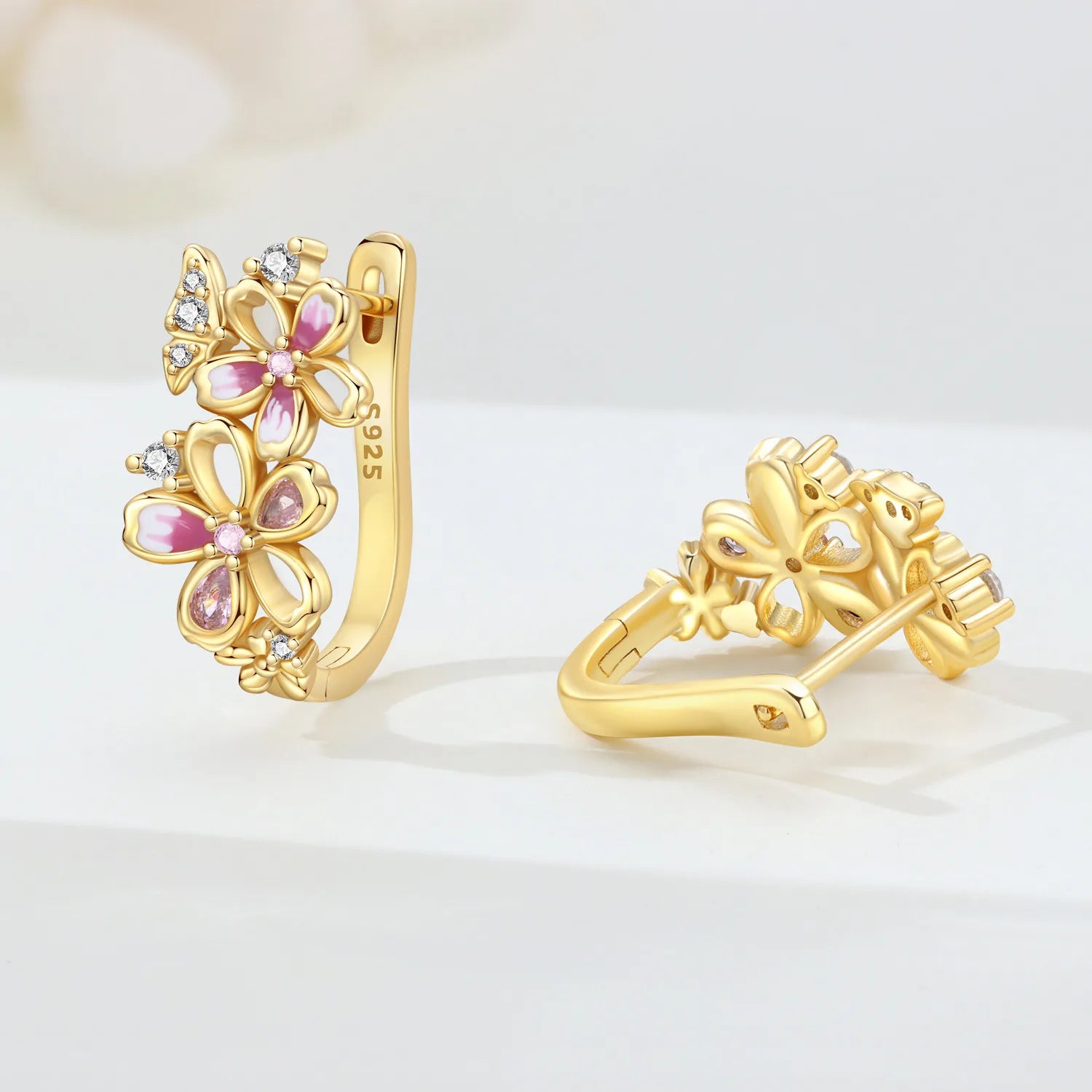 PANPOKI S925 Sterling Silver Golden Cherry Blossom Butterfly Earrings Hoop Earrings For Women Jewelry Original Party Gifts
