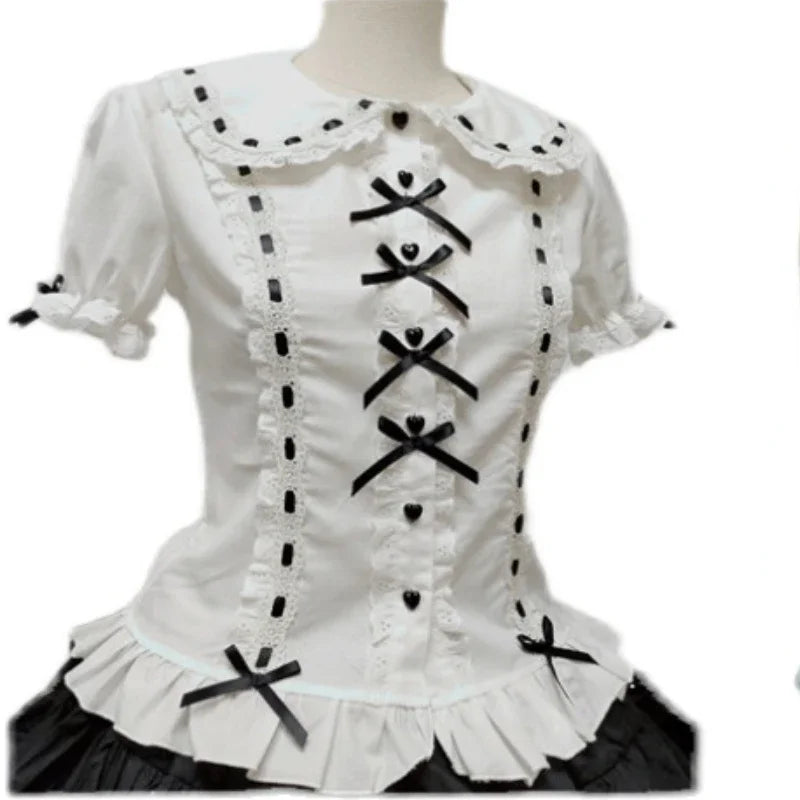 Lolita Shirt Women Preppy Style Bow Slim Blouses Cute Peter Pan Collar Lace Ruffles JK Shirts Girl Puff Sleeve Blusas Mujer Tops - Madeinsea©
