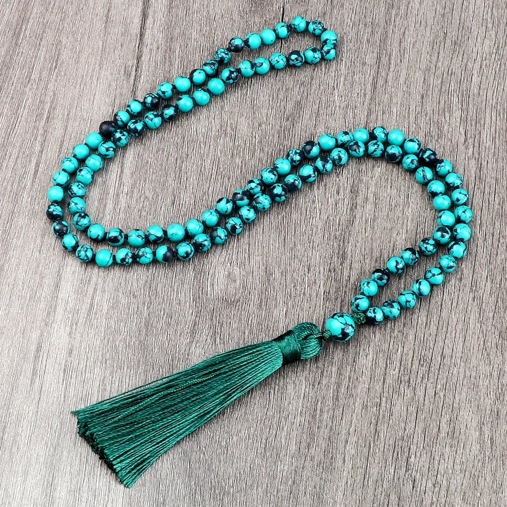 108 Mala Beaded Tassel Necklace Tiger Eyes Turquesa Meditation Yoga Jewelry Women Malachite Bohemian Ethnic Amazonite Necklace