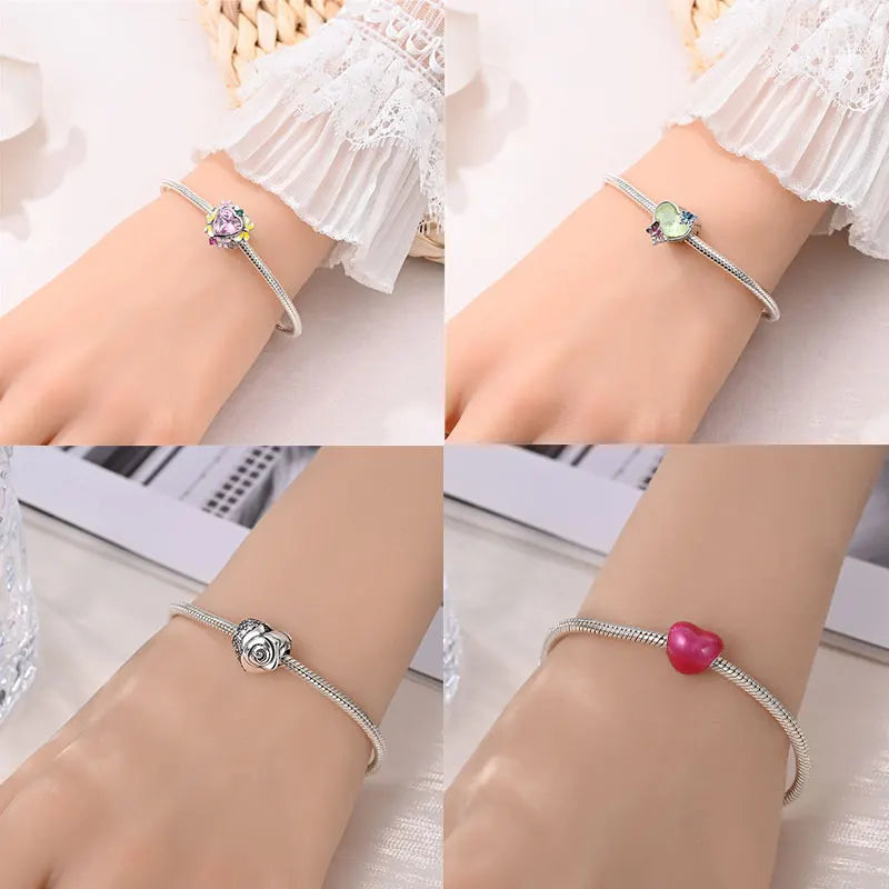 925 Sterling Silver Sparkling Pink Heart Charm Pendant Beads Fit Original Bracelet for Women Valentine Day Jewelry Gifts