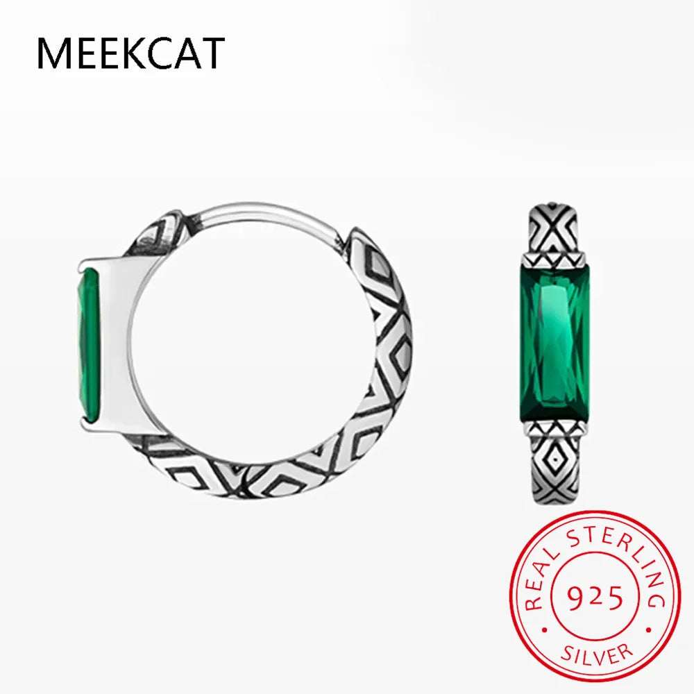 Green Simulated Nano Emerald 925 Sterling Silver Vintage Textured Hoop Earring for Women Wedding Party Jewelry Gift Pendientes