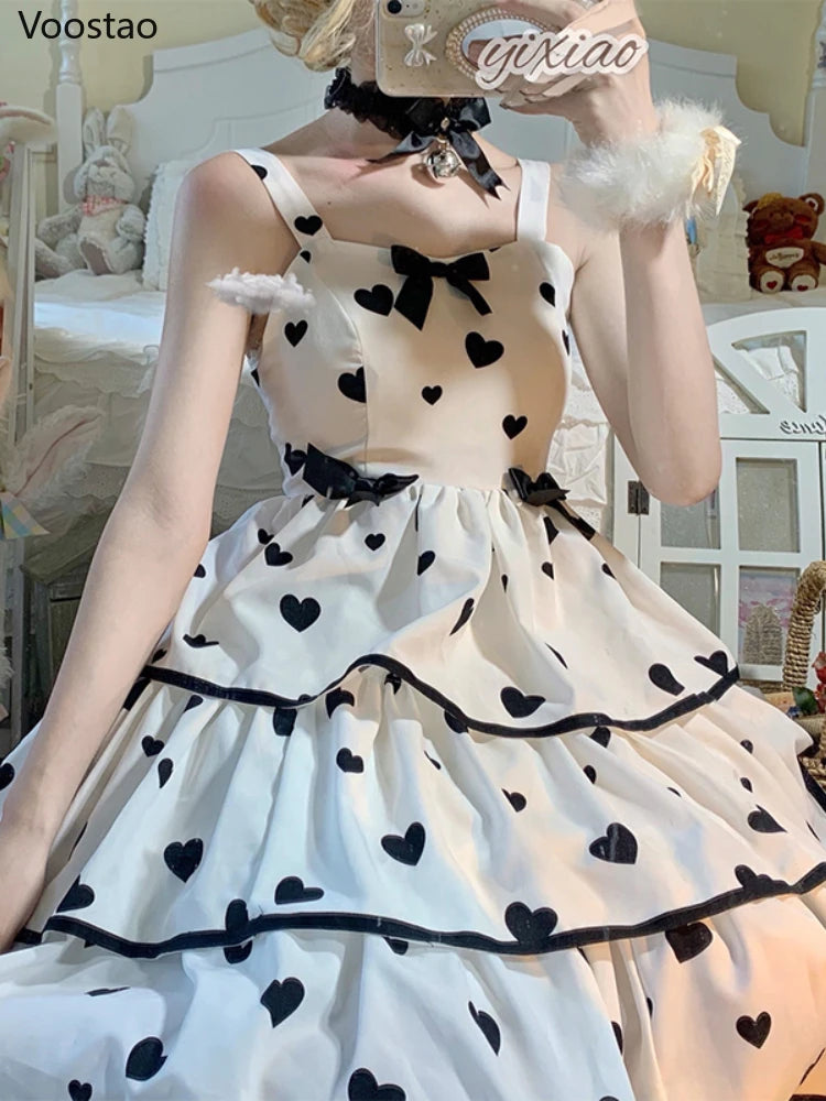 Summer Sweet Lolita Style Princess Dress Women Chic M-3XL Dresses Japanese Kawaii Girl Cosplay Bow Hearts Print Tiered Vestidos