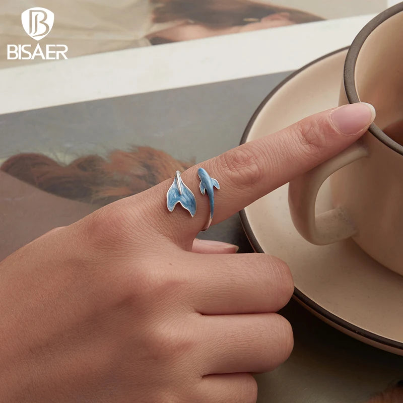 BISAER 925 Sterling Silver Guppy Open Ring Fish Blue Enamel Band Plated White Gold for Women Party Fine Jewelry Holiday Gift