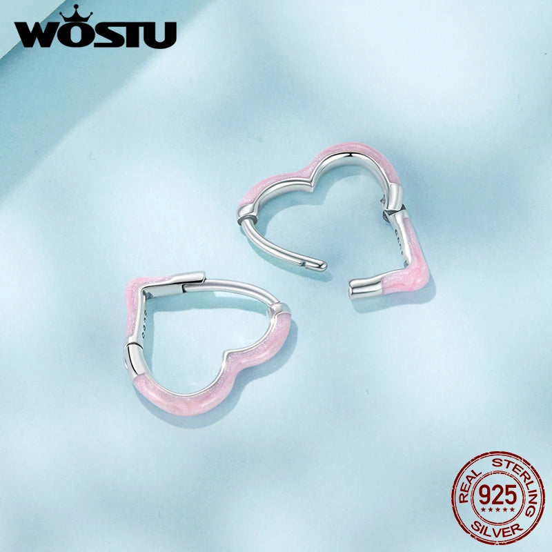 WOSTU 925 Sterling Silver Pink Round Hoop Earrings  Colors Heart Original Cute for Women Girl Daily  Fine Jewelry Birthday Gift