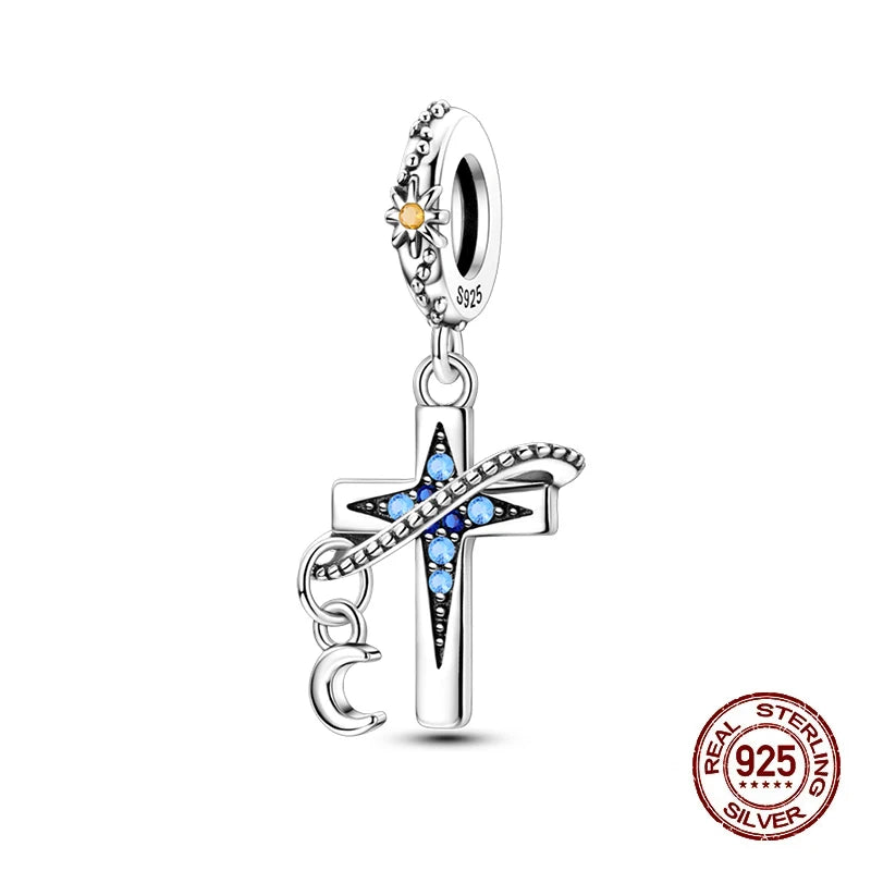 100% 925 Sterling Silver Stars Moon Sun Zircon Eye Cross Charms Beads Fit Original Bracelets DIY Jewelry For Women Protect Gifts