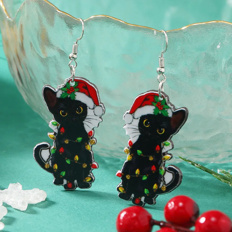 Hot Selling Acrylic Christmas Earrings For Women Green Hand Black Kitten Boots Pendant Sequin Glitter Earring New Year Jewelry