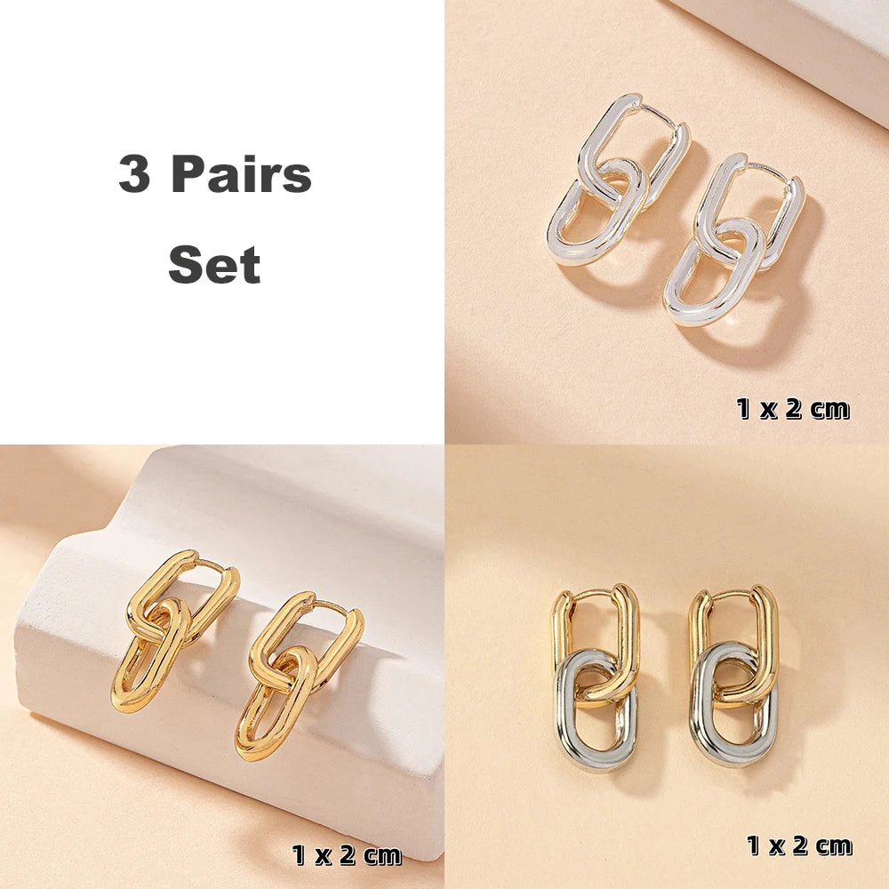 Stainless Steel Fashion Gold Color Geometric Square Hoop Earrings for Women Huggie Punk Hip-Hop Metal Round Circle Party Jewelry