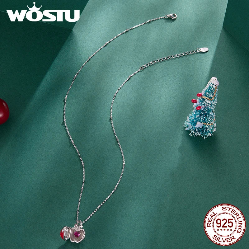 WOSTU 925 Sterling Silver Red Apple Pendant Necklace For Women,Openable Pendants with Heart Inside Unique Xams Jewelry Gift