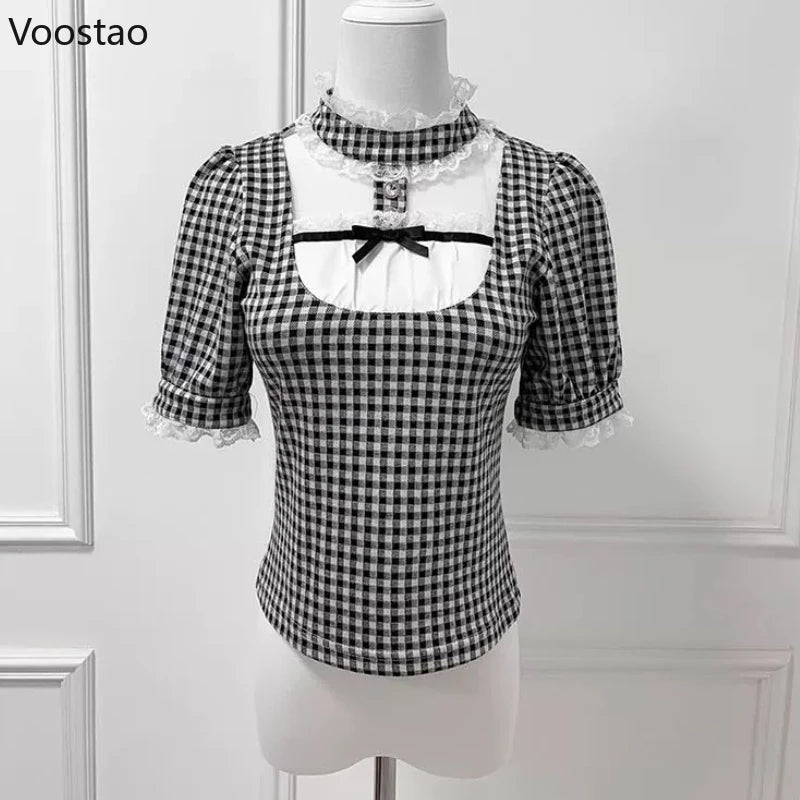 Japanese Gothic Lolita Style Shirts Women Vintage Sweet Y2k Lace Ruffles Short Sleeve Plaid Blouses Jirai Kei Girls Casual Tops