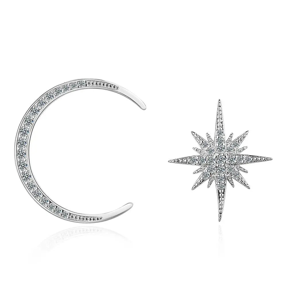 Real 925 Sterling Silver Zircon Moon Star Stud 14K Gold Earrings For Women Asymmetry Cute Fine Jewelry Drop shipping