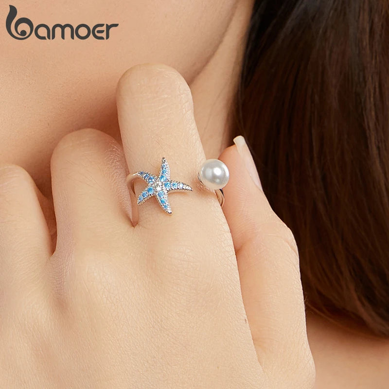 BAMOER 925 Sterling Silber Seestern-Perlenring, Stapelring, niedliche Tiermotive, verstellbarer offener Ring, Geburtstagsgeschenk