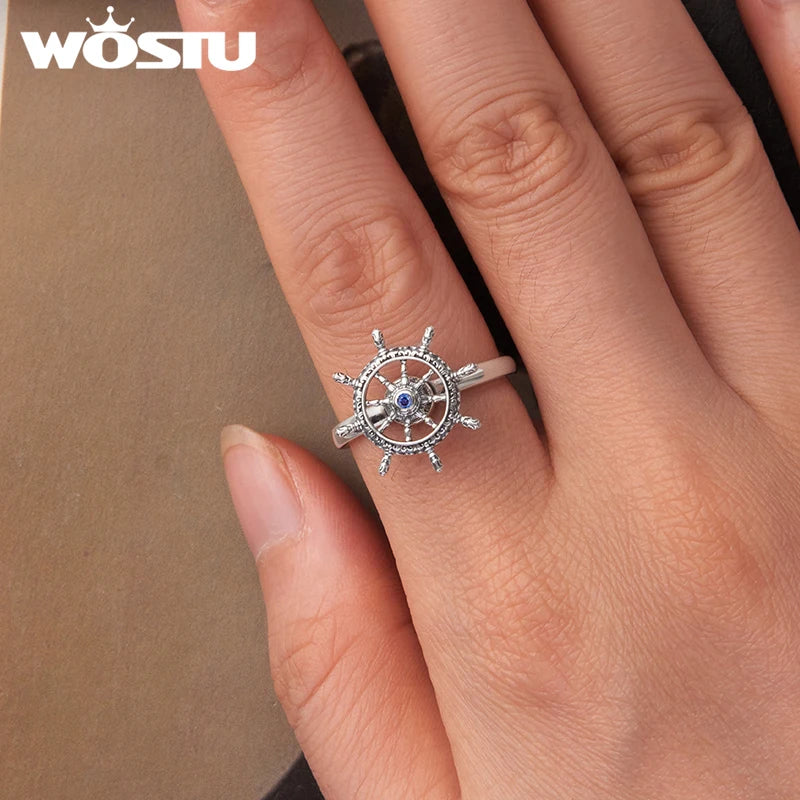 WOSTU 925 Sterling Silver Rotatable Helm Ring Steer Ships Ocean Original for Women Wife Anniversary Birthday Fine Jewelry Gift
