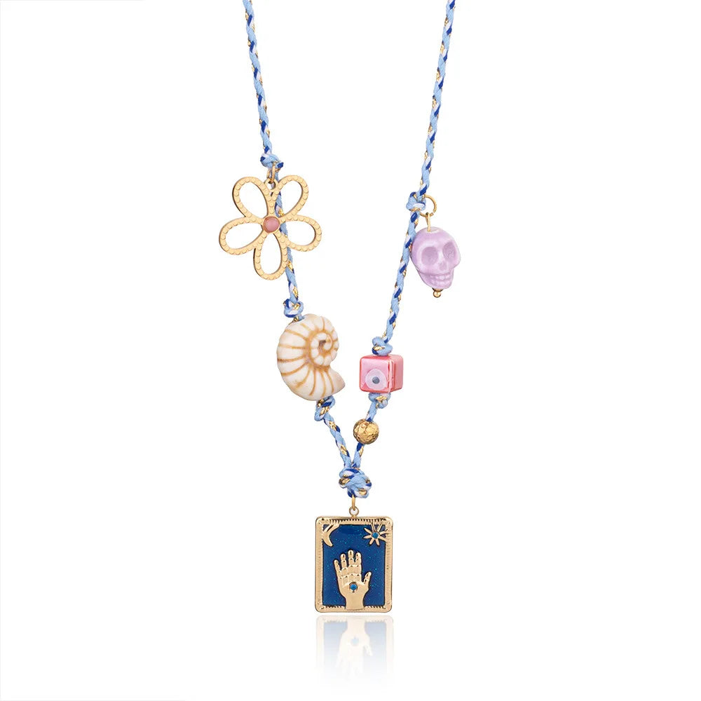Collier pendentif carte de tarot en émail multicolore effet dégoulinant, texture coquillage, corde colorée, palmier, bijoux d'été et de plage
