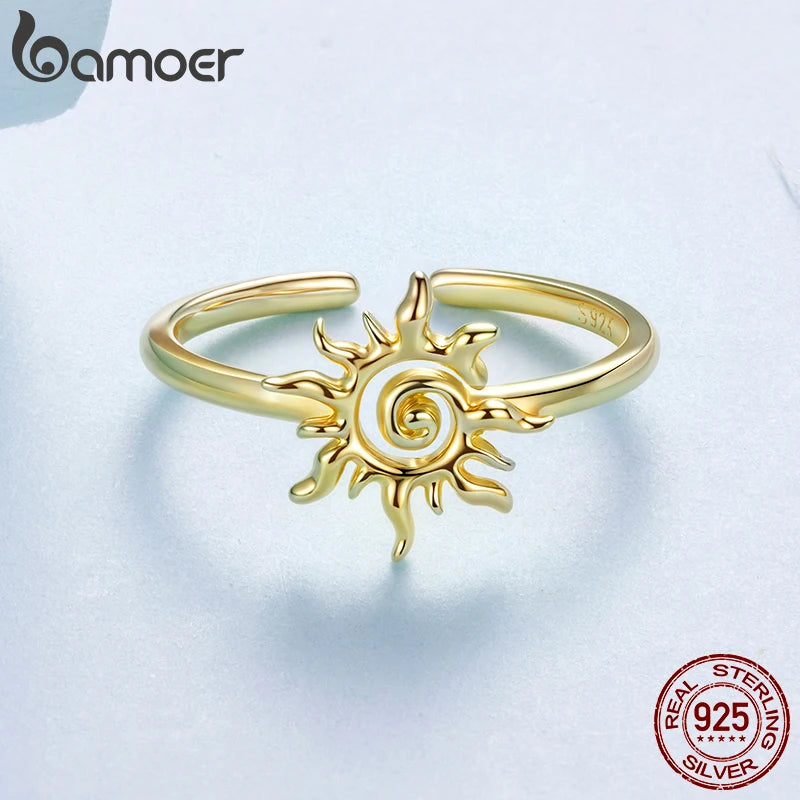 Bamoer 925 Sterling Silver 18K Gold Sun God Open Ring Adjusable Hollowed Circle Ring for Women Girls Lucky Daily Birthday Gift
