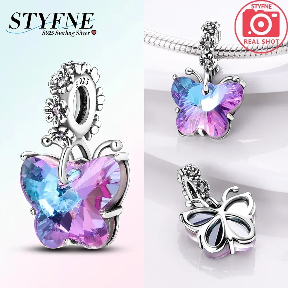 925 Sterling Silver Blue Series Butterfly Beads Pendant Fit Bangle Charms Bracelet DIY Women Original Jewelry