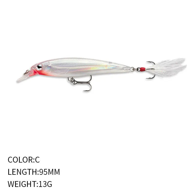 9.5cm 13g Fishing Lure Minnow Wobbler Floating Laser Artificial Hard Bait Feather Built-in Steel Ball Jerkbait Trout Bass Decoy