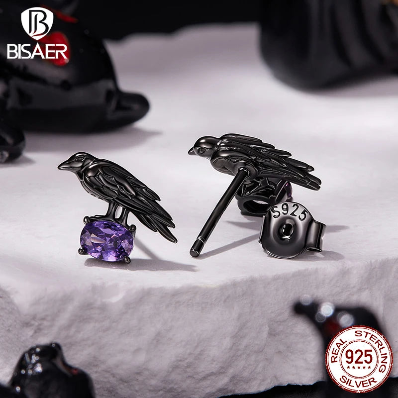 BISAER Crow Stud Earrings 925 Sterling Silver Purple CZ Hypoallergenic Plated Black Gold Stud Ear for Women Party Fine Jewelry