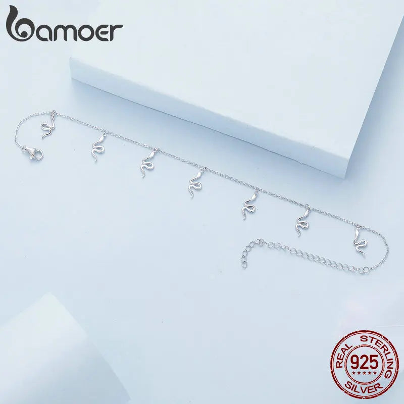 Bamoer Fußkettchen mit Schlangenanhänger aus echtem 925er Sterlingsilber, schlichter Fußschmuck für Frauen, platinbeschichtet, trendiger Sommerschmuck