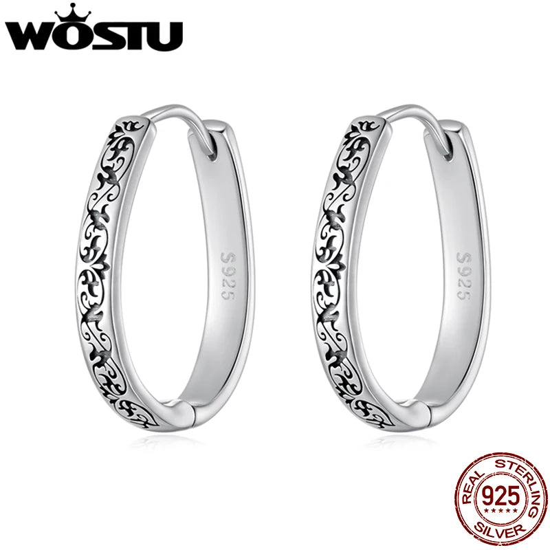 WOSTU 925 Sterling Silver Big Circel Vintage Hoop Earrings, Women Scroll Flower Engraved Hoops Earring Hypoallergenic Gift