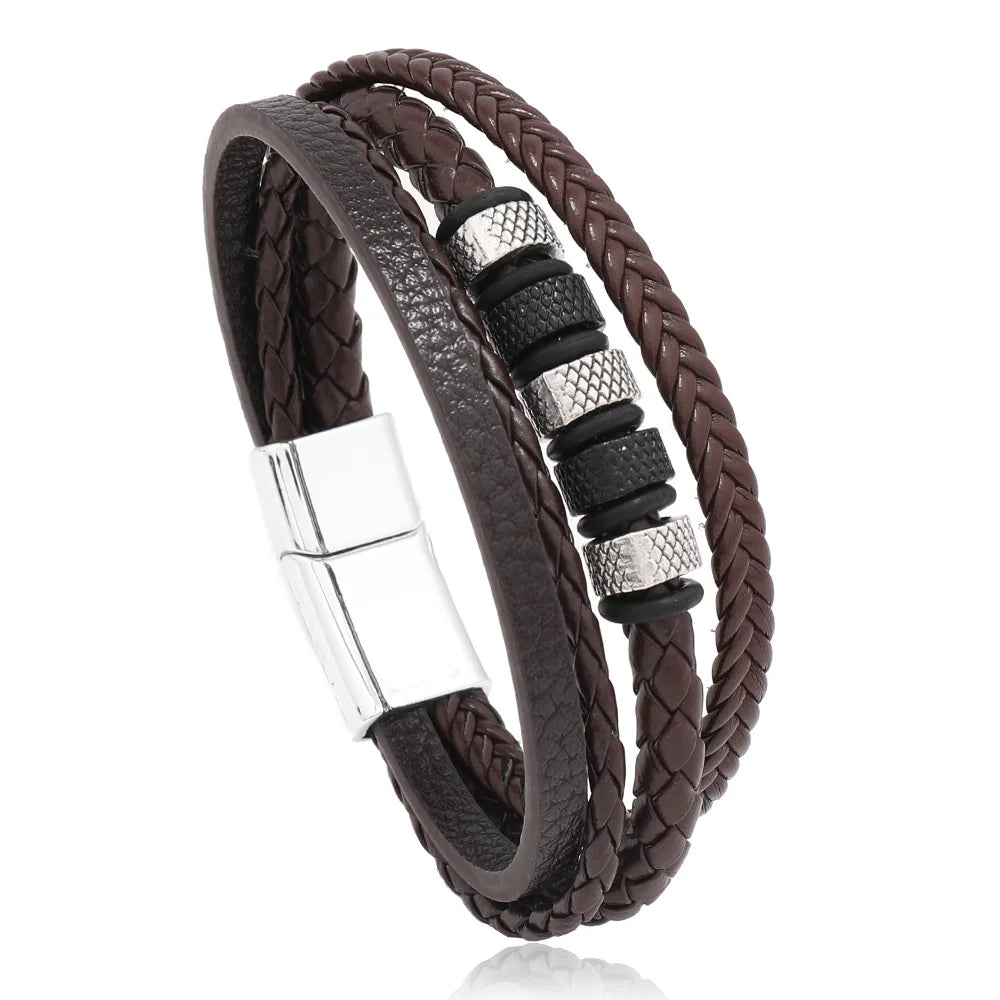 Trendy Leather Bracelets For Men Stainless Steel Bracelet 21CM Multilayer Braided Rope Bracelets for Male Jewelry Gifts - Madeinsea©