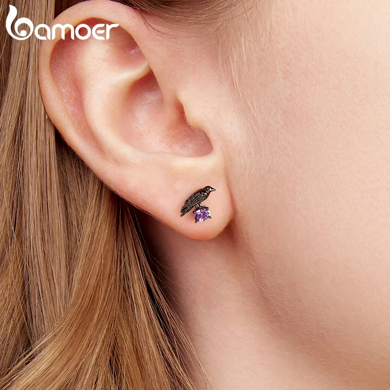 BAMOER 925 Sterling Silver Black Enamel Ghost Stud Earrings for Halloween Gift, Punk Style Purple Zircons Crow Piercing Earrings
