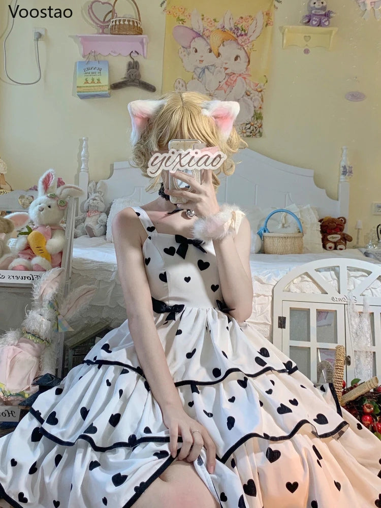 Summer Sweet Lolita Style Princess Dress Women Chic M-3XL Dresses Japanese Kawaii Girl Cosplay Bow Hearts Print Tiered Vestidos