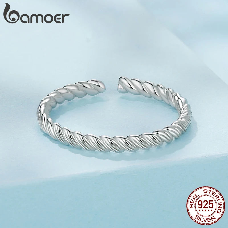 Bamoer 925 Sterling Silber Gedrehter, geflochtener offener Ring Trendiger Stapelbarer Kreuzring für Damen und Teenager Minimalistisches Alltagsgeschenk 2,2 mm