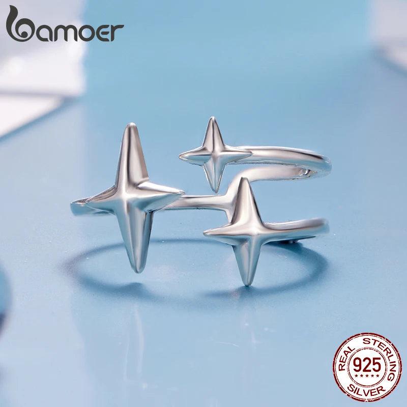 Bamoer Starlight Doppellagiger offener Ring, verstellbar, Drei-Sterne-Ring, Original, für Damen, Partnerinnen, Mädchen, minimalistisches Geschenk, Geburtstagsgeschenk