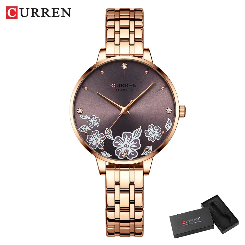 CURREN Fashion Quartz Wristwatches for Women Simple Stainless Steel Watch Bracelet with Flower Design Dial