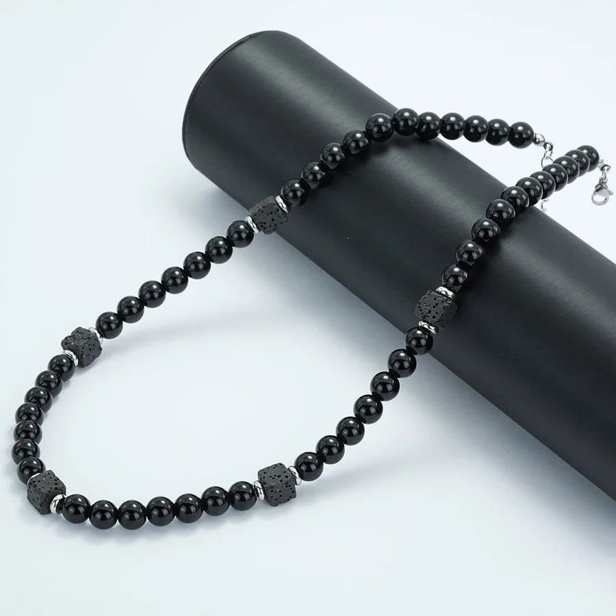 New Men Necklace Black Lava Onyx Obsidian Stone 19 Inches Choker Collar Energy Yoga Meditation Healing Jewelry Neck Accessories