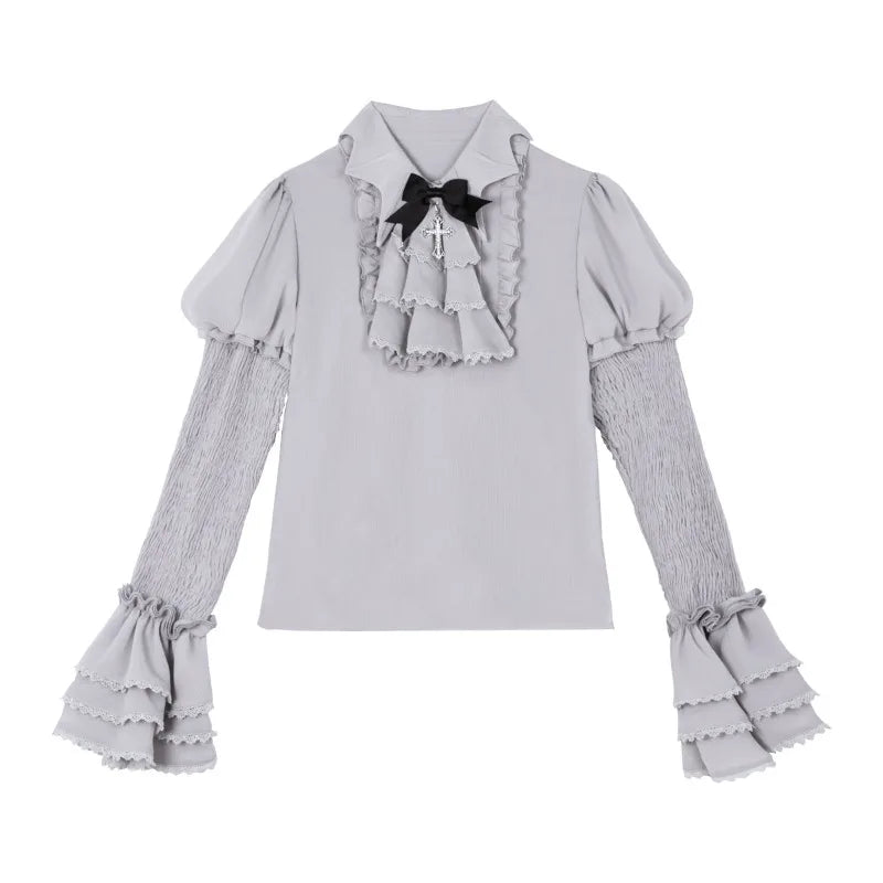 Victorian Vintage Gothic Lolita Dress Set Women Punk Y2k Long Sleeve Shirt Lace Ruffle Black Skirt Halloween Cosplay Party Dress