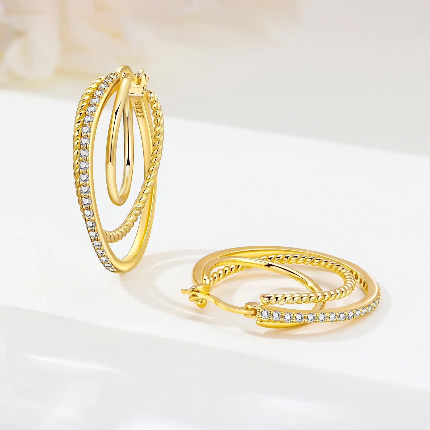 PANPOKI S925 Sterling Silver 18k Gold French 3-Ring Earrings Hoop Earrings For Women Jewelry Original Trendy Anniversary Gifts