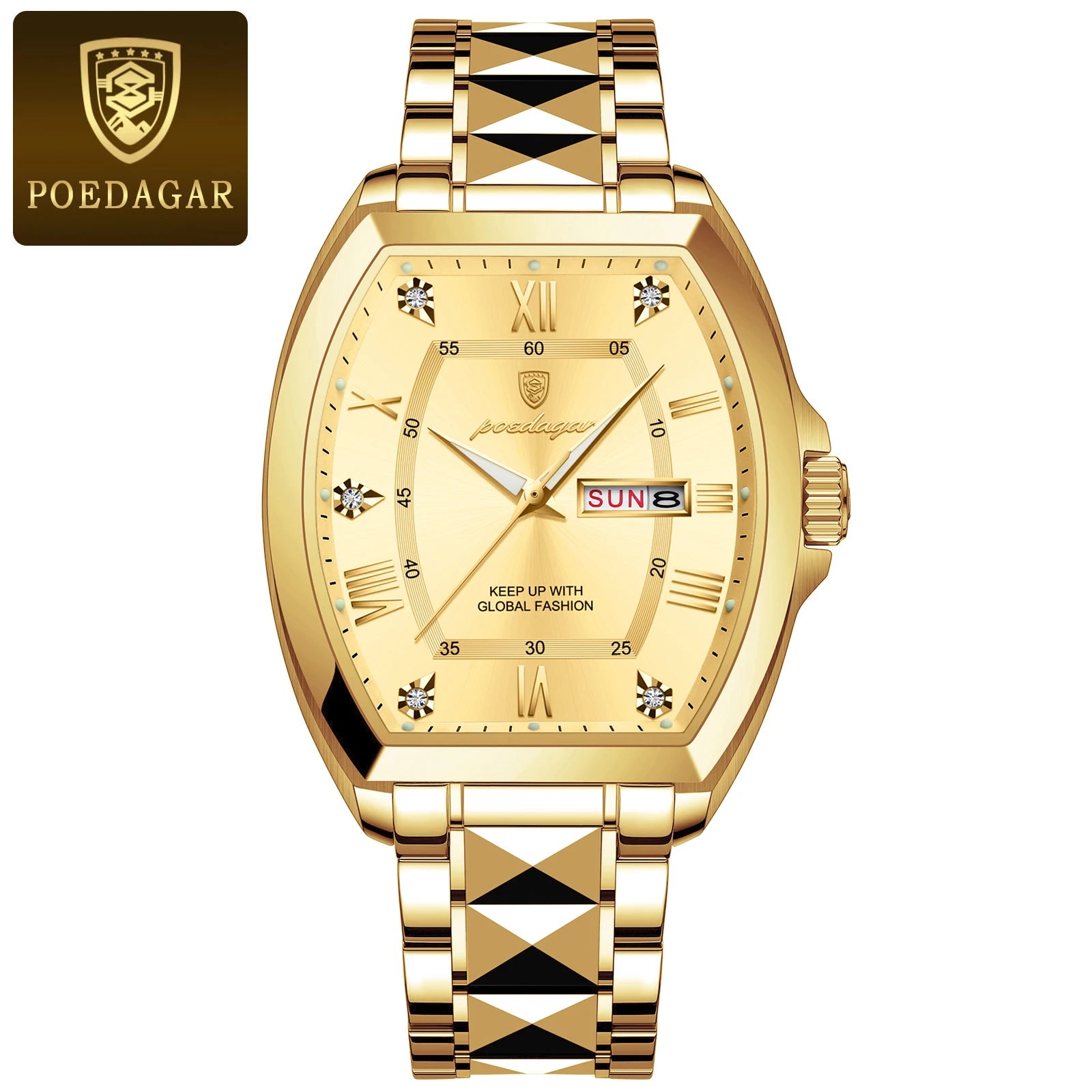 POEDAGAR Luxury Stainless Steel Watches for Man Luminous Waterproof Date Week Men Watch Tonneau Case Men's Quartz Watches Reloj