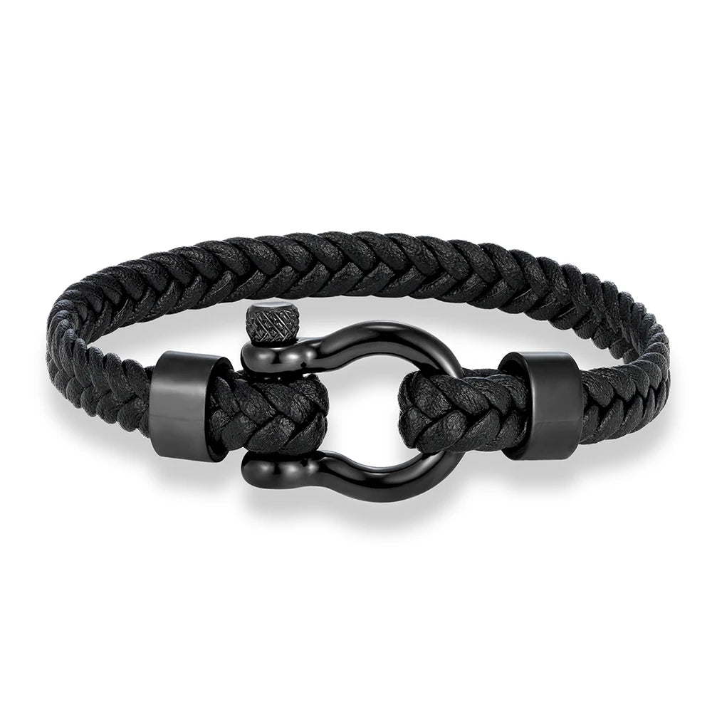 MKENDN Personalised Men's Nautical Shackle & Woven Black Leather Bracelet Gifts For Him Men's Jewellery